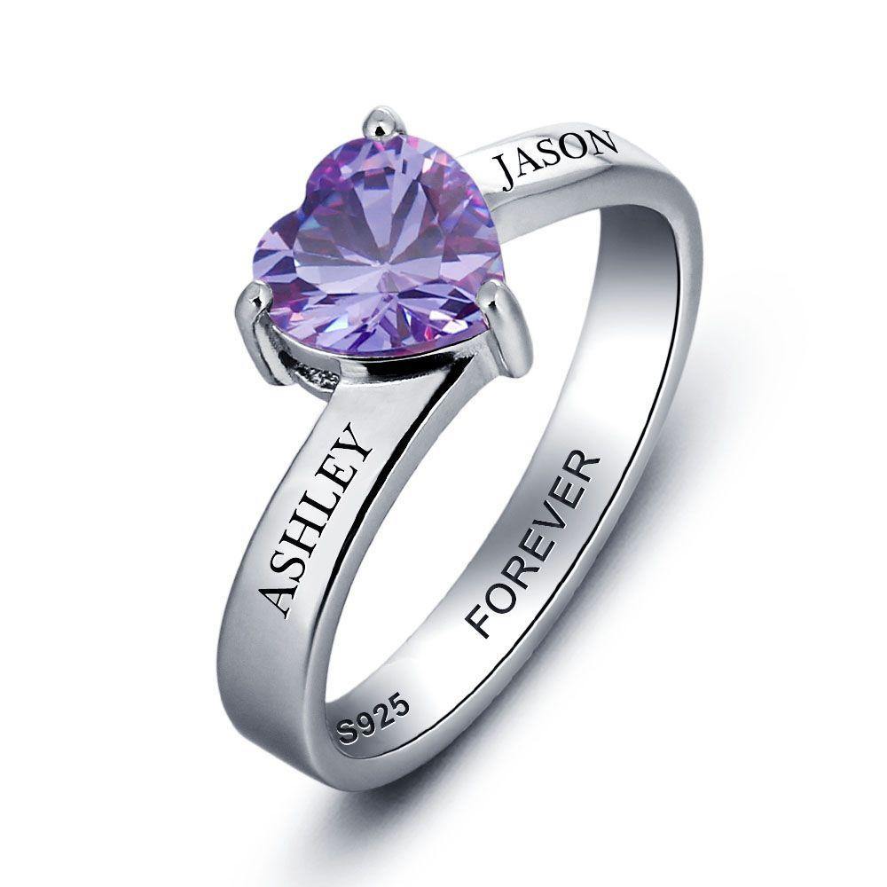 Sterling Silver Solitaire Big Heart Birthstone Ring for Women with Engraving