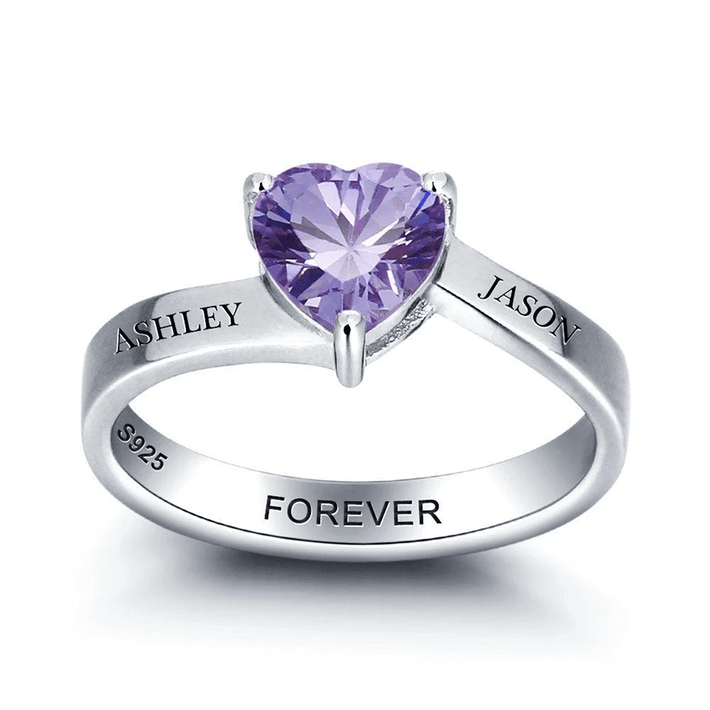 Sterling Silver Solitaire Big Heart Birthstone Ring for Women with Engraving