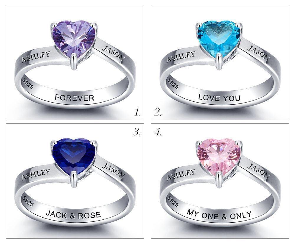 Sterling Silver Solitaire Big Heart Birthstone Ring for Women with Engraving