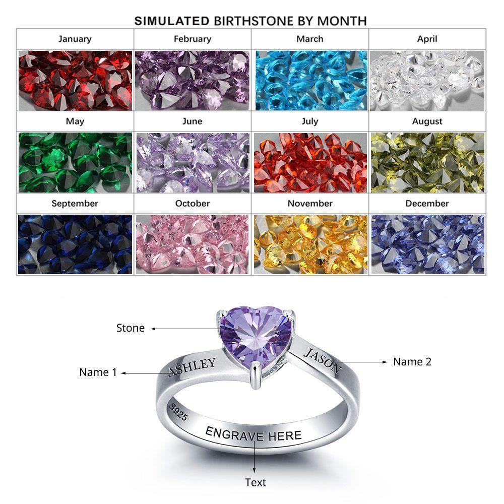 Sterling Silver Solitaire Big Heart Birthstone Ring for Women with Engraving