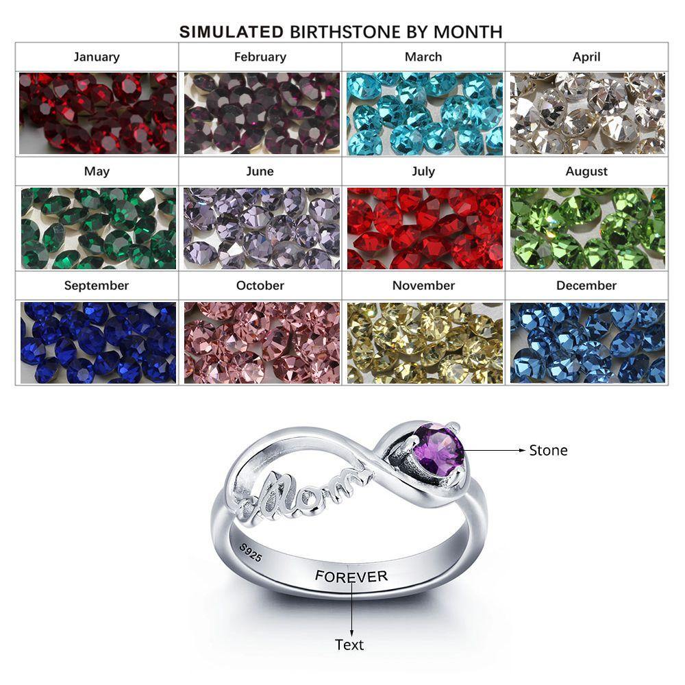 Sterling Silver Infinity Mothers "MOM" Ring with Round Birthstone