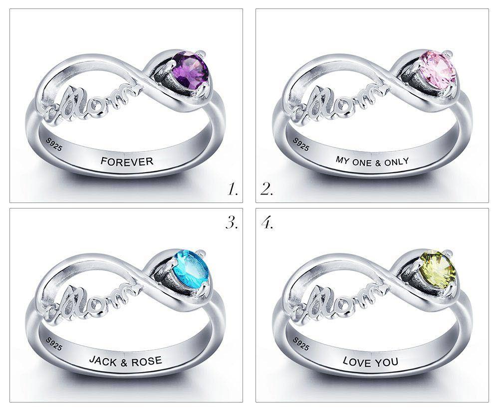 Sterling Silver Infinity Mothers "MOM" Ring with Round Birthstone