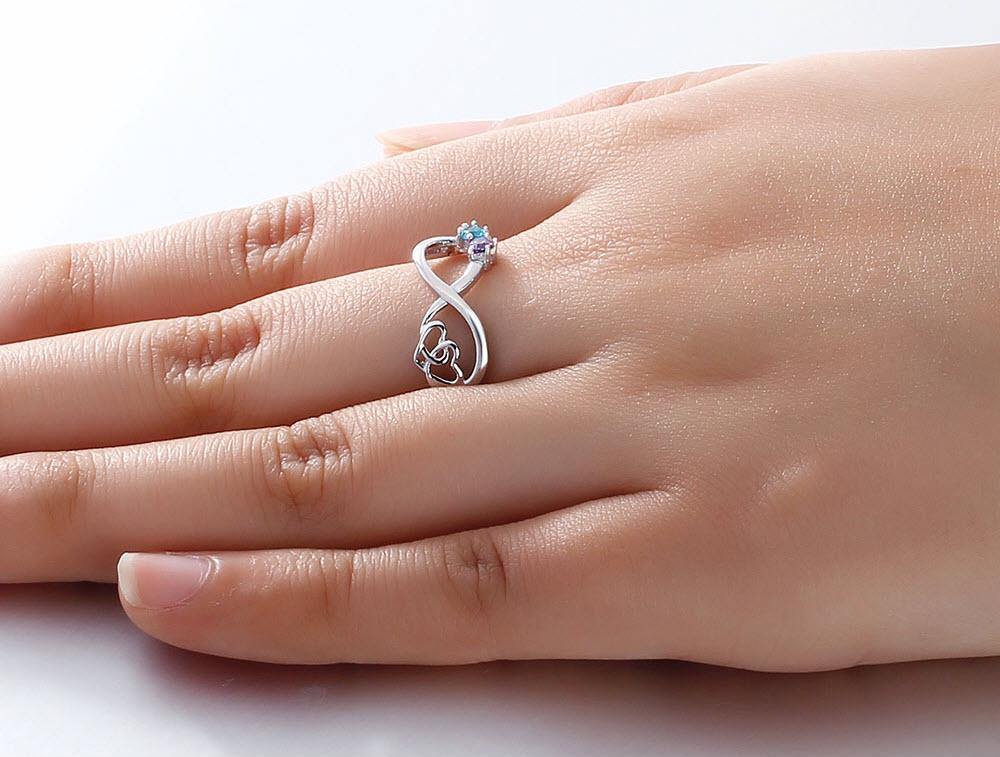 Sterling Silver Infinity Promise Ring with Interlocking Hearts and 2 Round Birthstones