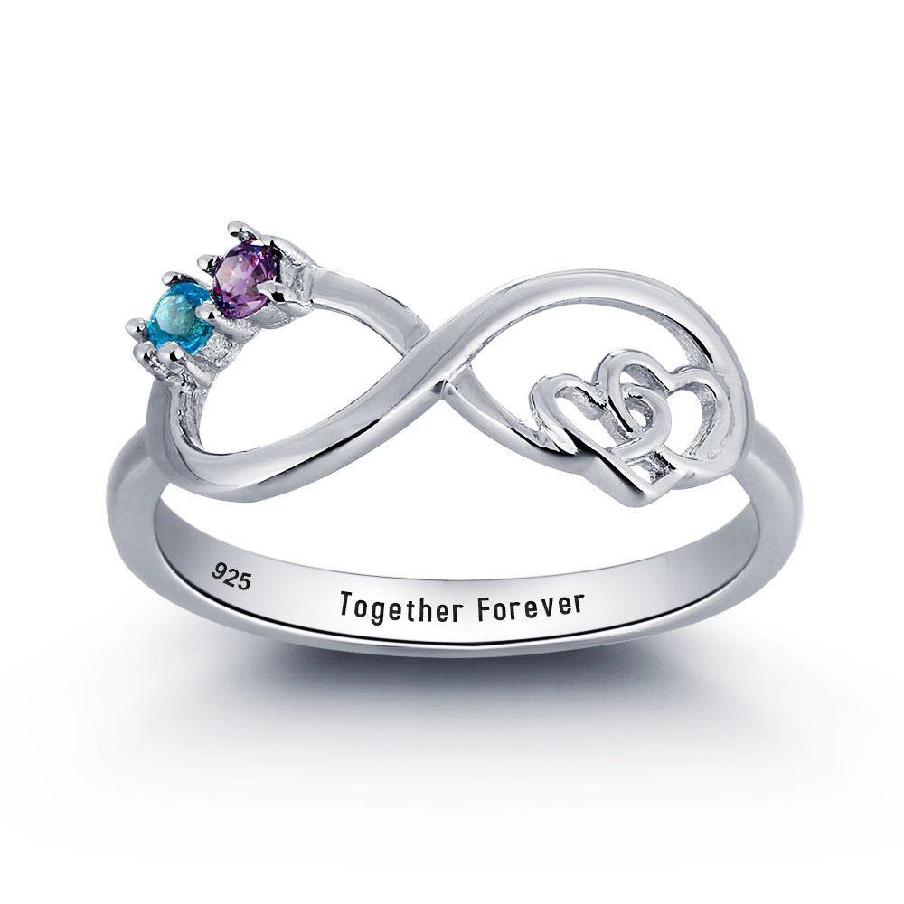 Sterling Silver Infinity Promise Ring with Interlocking Hearts and 2 Round Birthstones