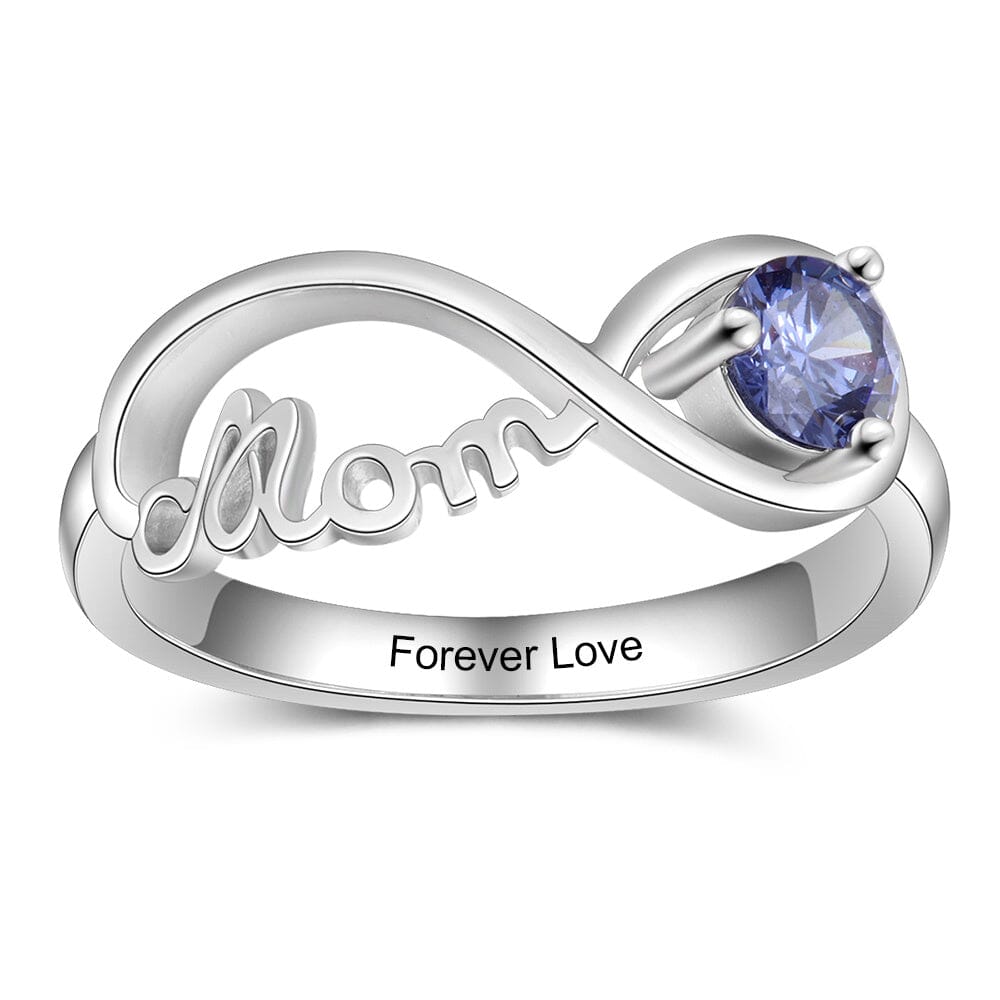 Sterling Silver Infinity Mothers "MOM" Ring with Round Birthstone