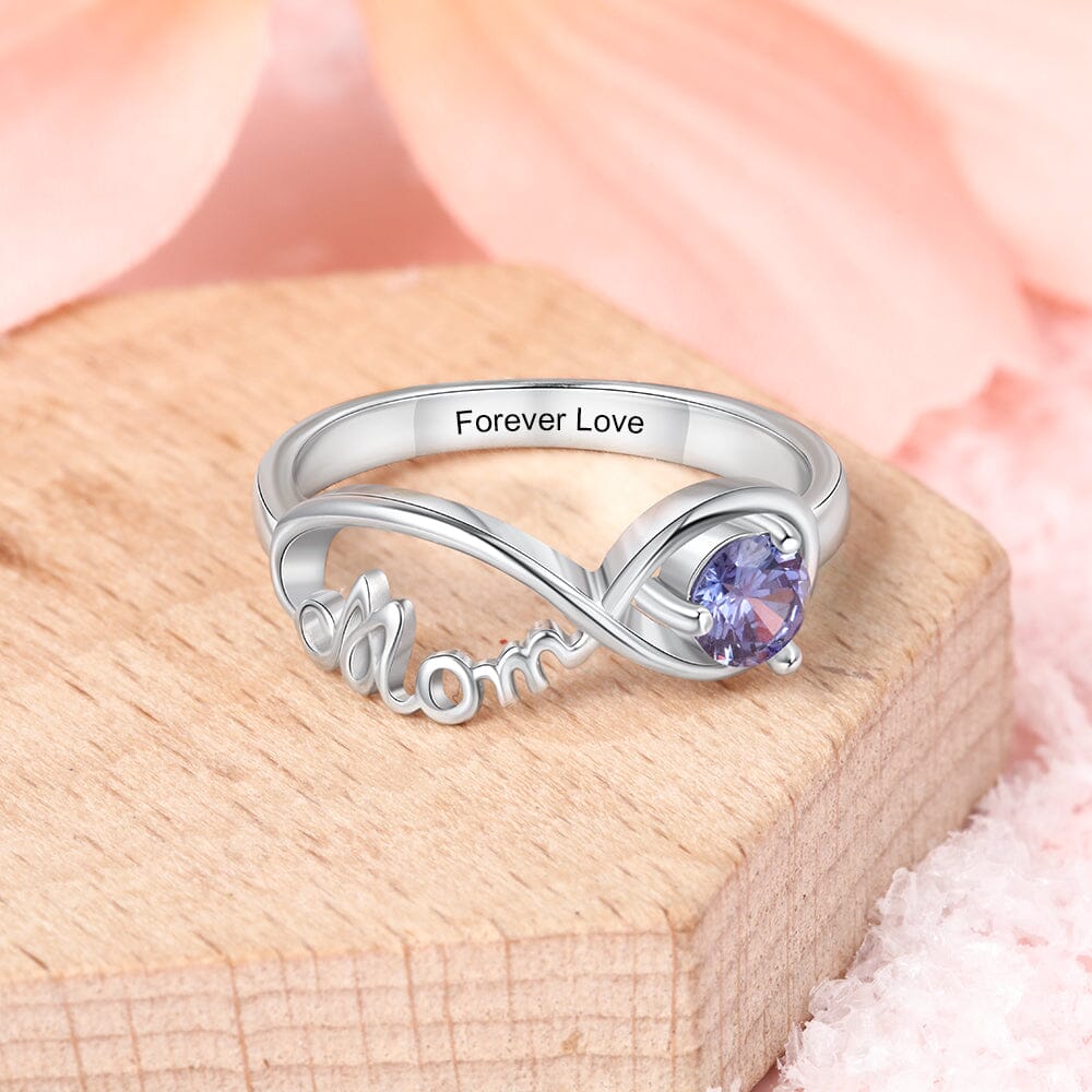 Sterling Silver Infinity Mothers "MOM" Ring with Round Birthstone