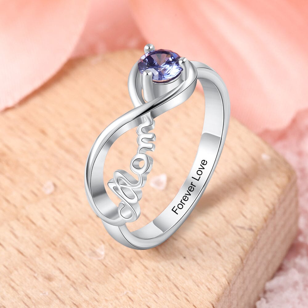 Sterling Silver Infinity Mothers "MOM" Ring with Round Birthstone