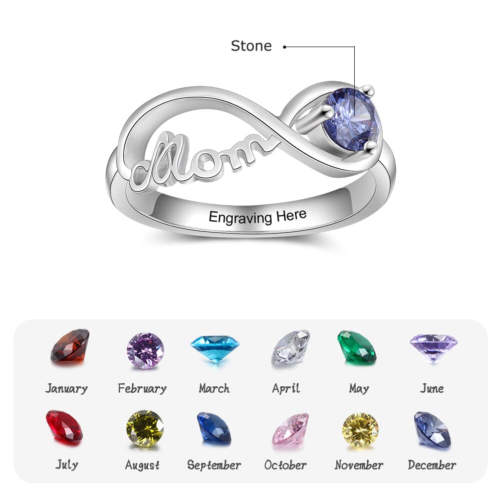 Sterling Silver Infinity Mothers "MOM" Ring with Round Birthstone