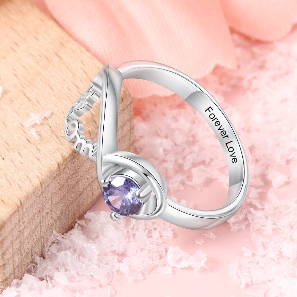 Sterling Silver Infinity Mothers "MOM" Ring with Round Birthstone