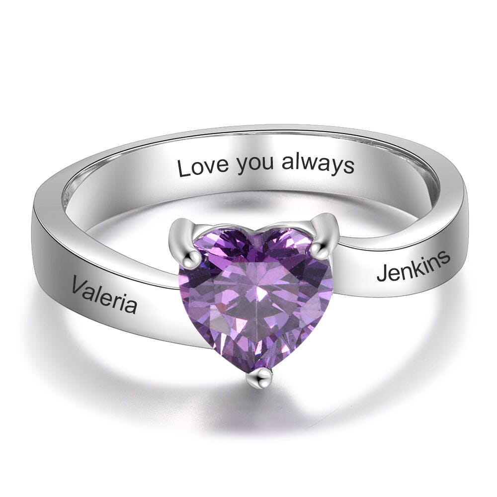 Sterling Silver Solitaire Big Heart Birthstone Ring for Women with Engraving