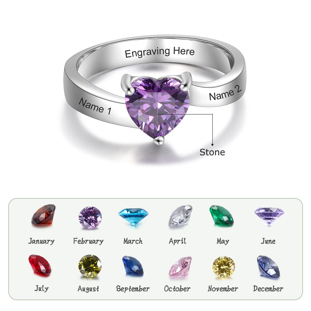 Sterling Silver Solitaire Big Heart Birthstone Ring for Women with Engraving