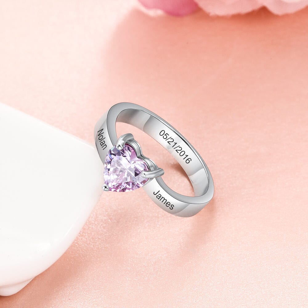 Sterling Silver Solitaire Big Heart Birthstone Ring for Women with Engraving