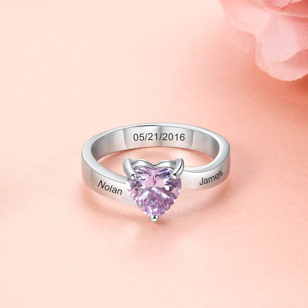 Sterling Silver Solitaire Big Heart Birthstone Ring for Women with Engraving